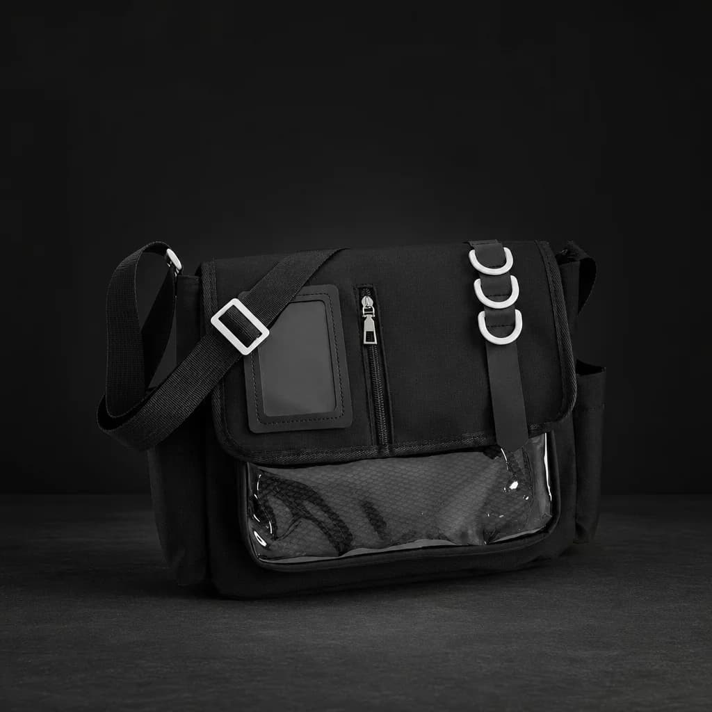 AI-enhanced black messenger bag campaign on a charcoal studio backdrop